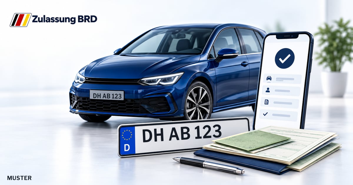 Online Fahrzeugzulassung in Sulingen: Musterkennzeichen DH AB 123, Auto und Fahrzeugpapiere und Smartphone. Illustration mit Logo von Zulassung BRD.